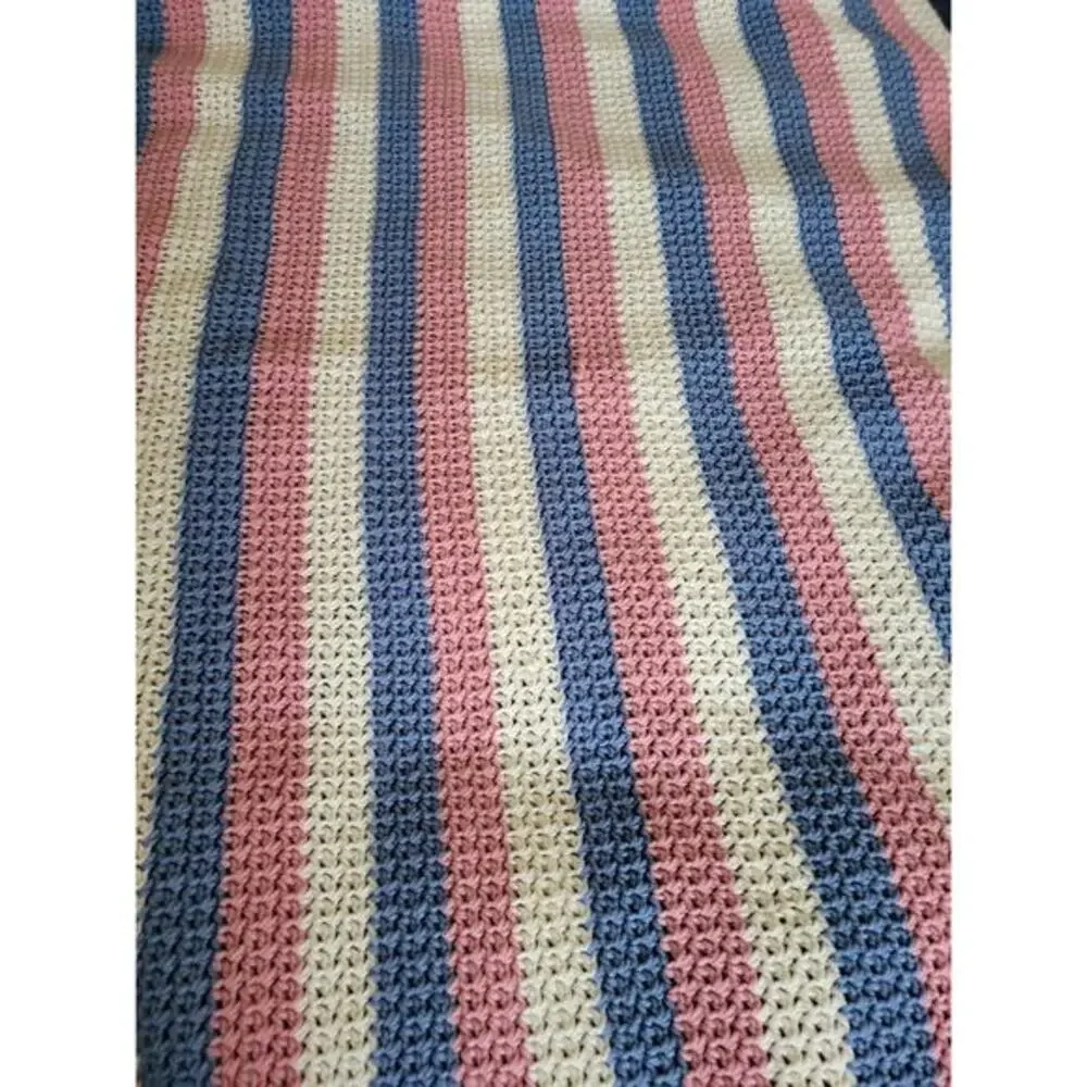 Handmade Large Crocheted Throw Blanket Pink Blue White Nice Quality 54 X‎ 47 in